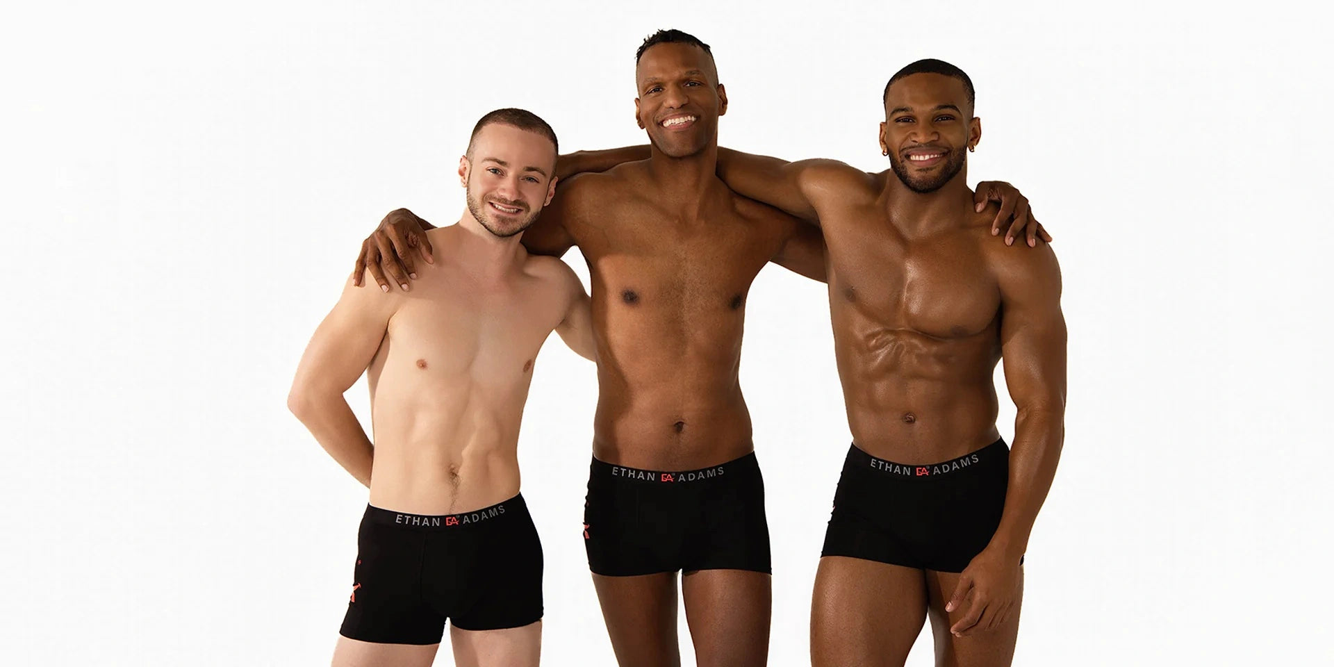 Three men wearing black underwear with a brand logo on a white background | Stand Strong. Linked in Confidence. Ethan Adams